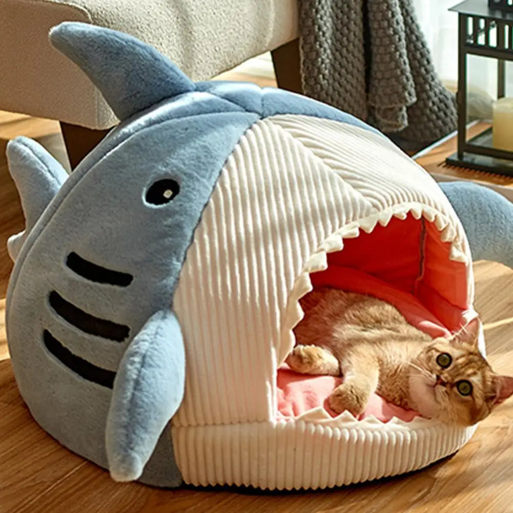 Creative Cat Nest Cartoon Shark Shape Big Mouth Thick Cute Animal Warm Rest And Sleep Semi-closed Pet Mini House Cat Supplies